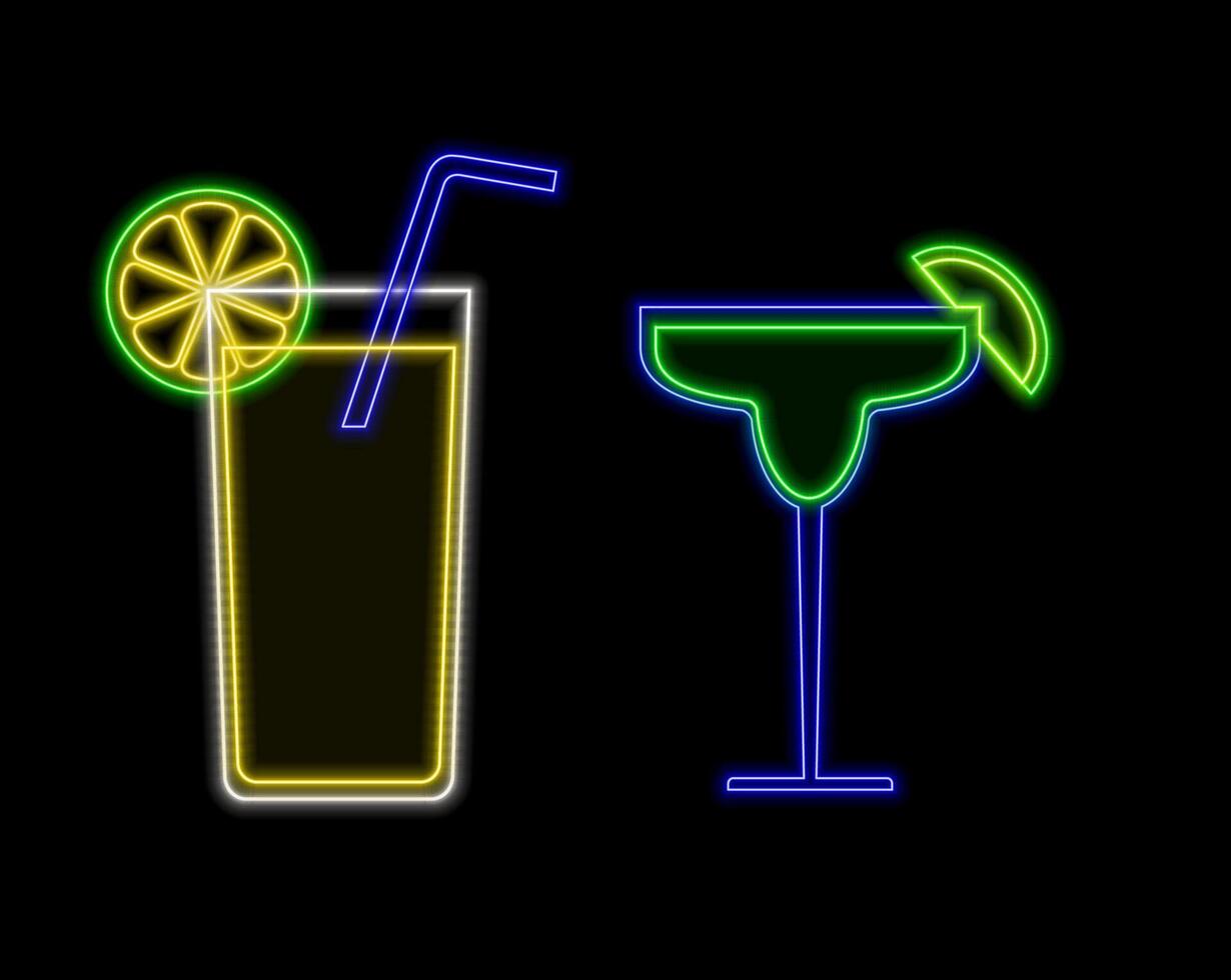 Cocktail Margarita Neon Design Element. Glass of Cocktail with Lime. Cocktail Bar, Pub. Popular Alcoholic cocktail. Glowing illustration of Drinks promotion. vector