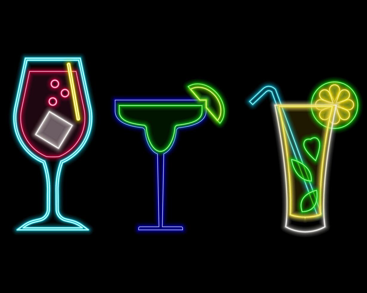 Cocktail bar neon logo. Bright emblem sign on dark brick wall background. Light banner signboard. Electric label design template. design element vector