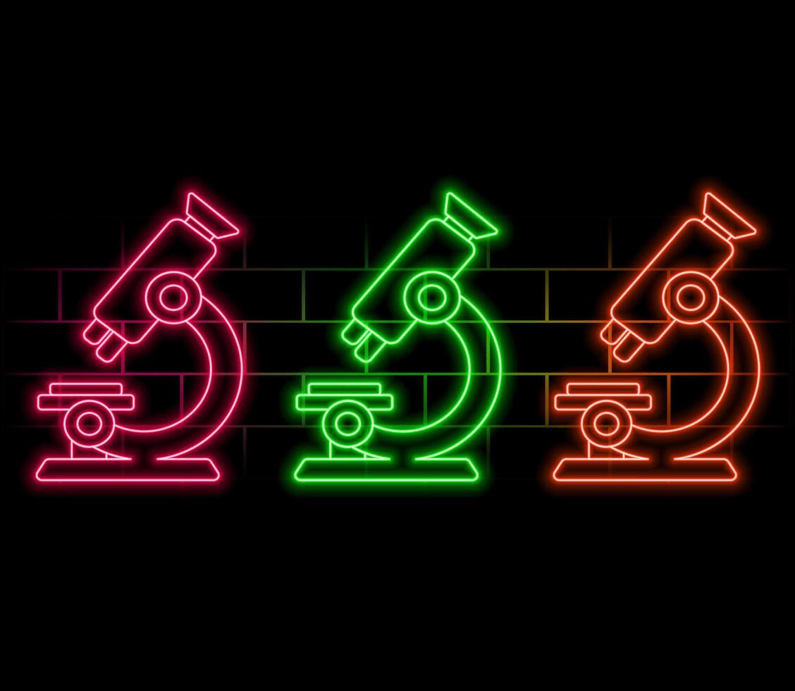 Glowing neon Microscope icon isolated on brick wall background. Chemistry, pharmaceutical instrument, microbiology magnifying tool. vector