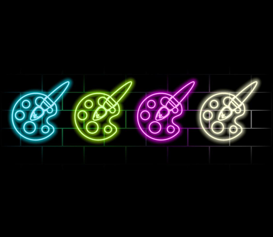 Palette with brush neon sign. Painting and art supplies design. Night bright neon sign, colorful billboard, light banner. illustration in neon style. vector