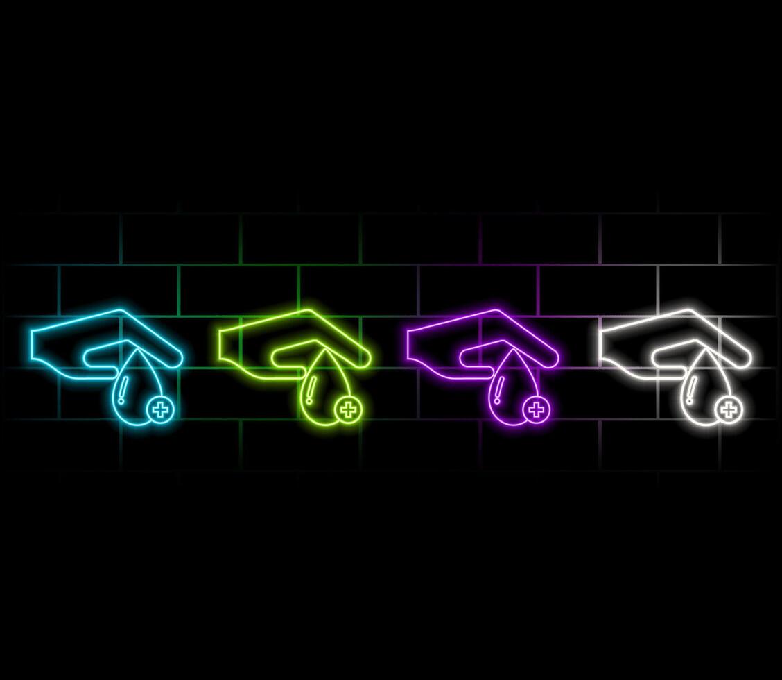 Color neon line Washing hands with soap icon isolated on black background. Wash your hands with soap to prevent viruses and bacteria. Set icons on square buttons. illustration. purple color. vector