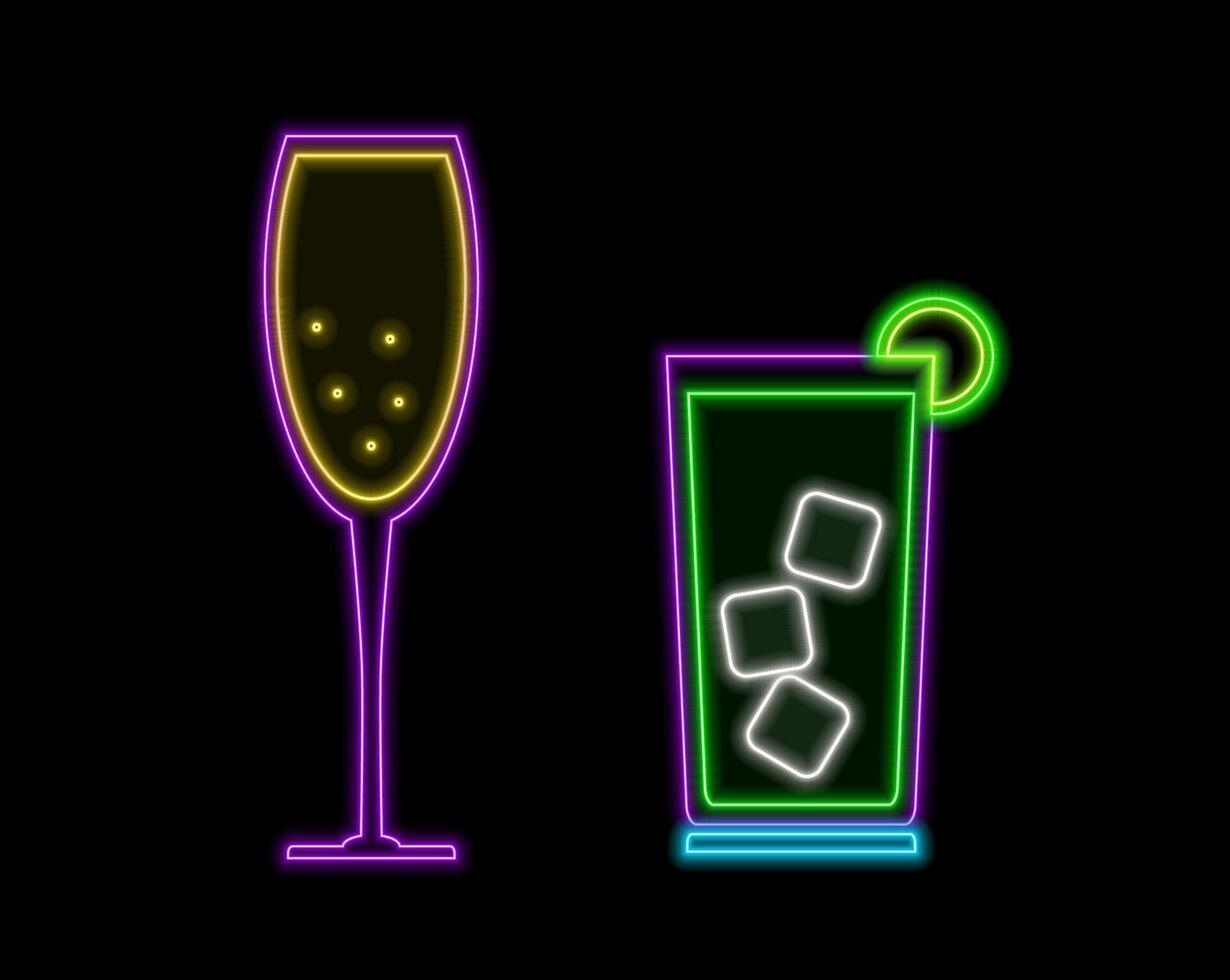 Neon sign of tequila bar with bottle and drink in glass in circle frames. Mexican alcohol drink pub emblem in neon style vector