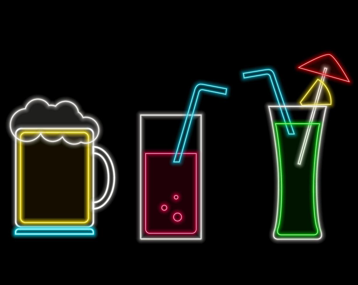 Neon cocktails icons set. Ten popular alcoholic isolated geometric cocktails on brick wall background. vector