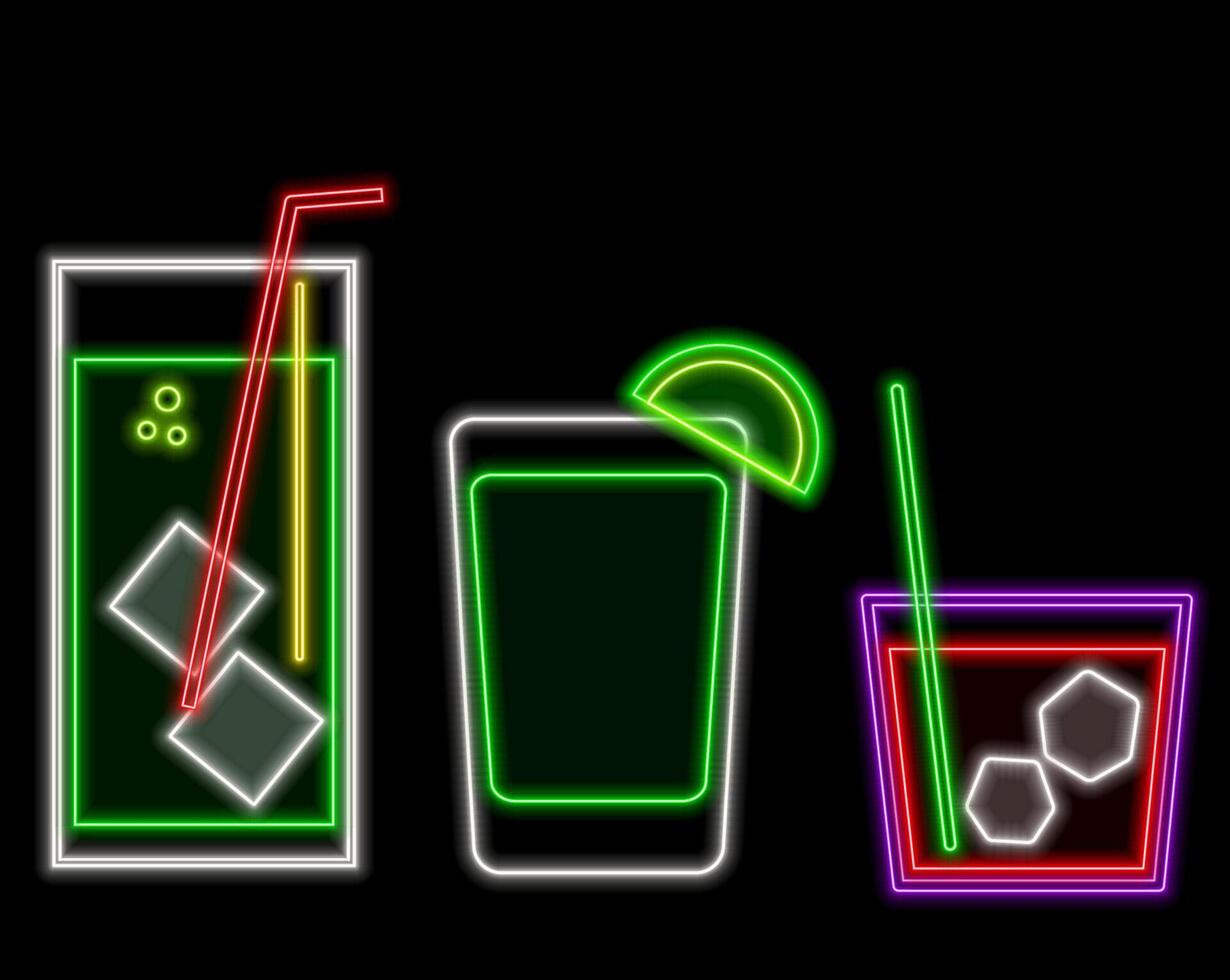 Set line Martini glass, Glass of whiskey, champagne and Wine. Glowing neon icon. vector