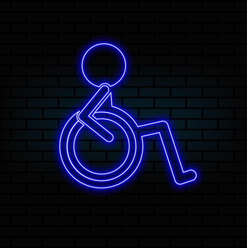 Neon light glow effect. Disability person line icon. Wheelchair user sign. Person transportation symbol. 3d line neon glow icon. Brick wall banner. Disability outline. vector