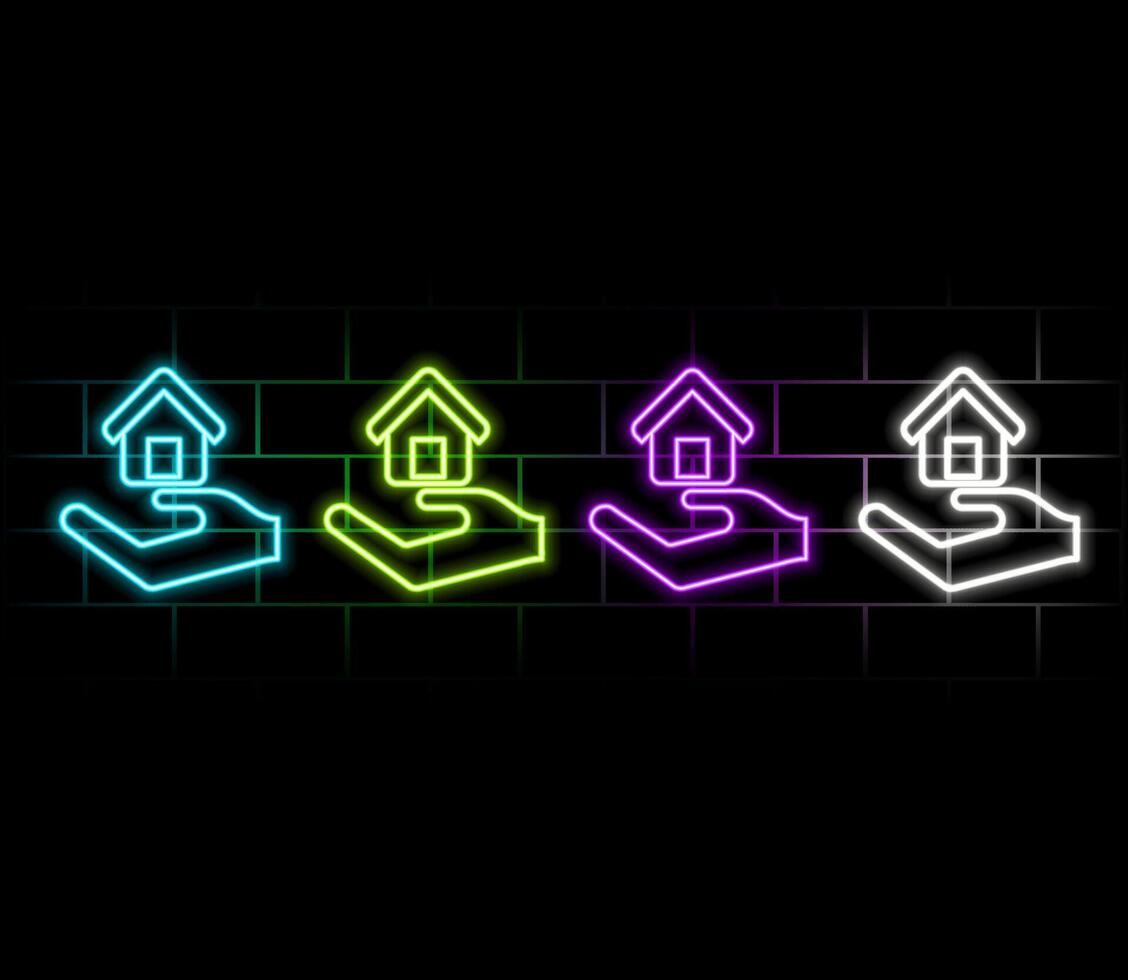 A glowing neon smart home icon floats above a tablet held by a hand on a dark background, representing smart home technology concept vector