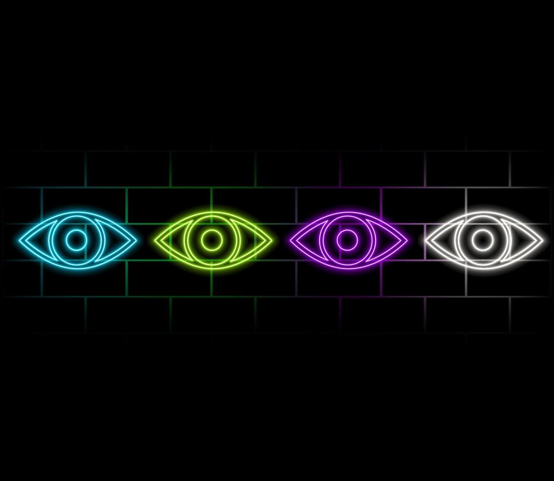 Neon light speech bubble. Farsightedness line icon. Eye diopter sign. Optometry vision symbol. Neon light background. Farsightedness glow line. Brick wall banner. vector