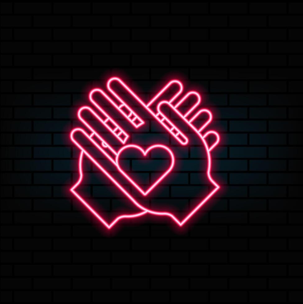 medical heart on hand icon cyan neon effect, frame, leave shadow and dark wall backdrop vector