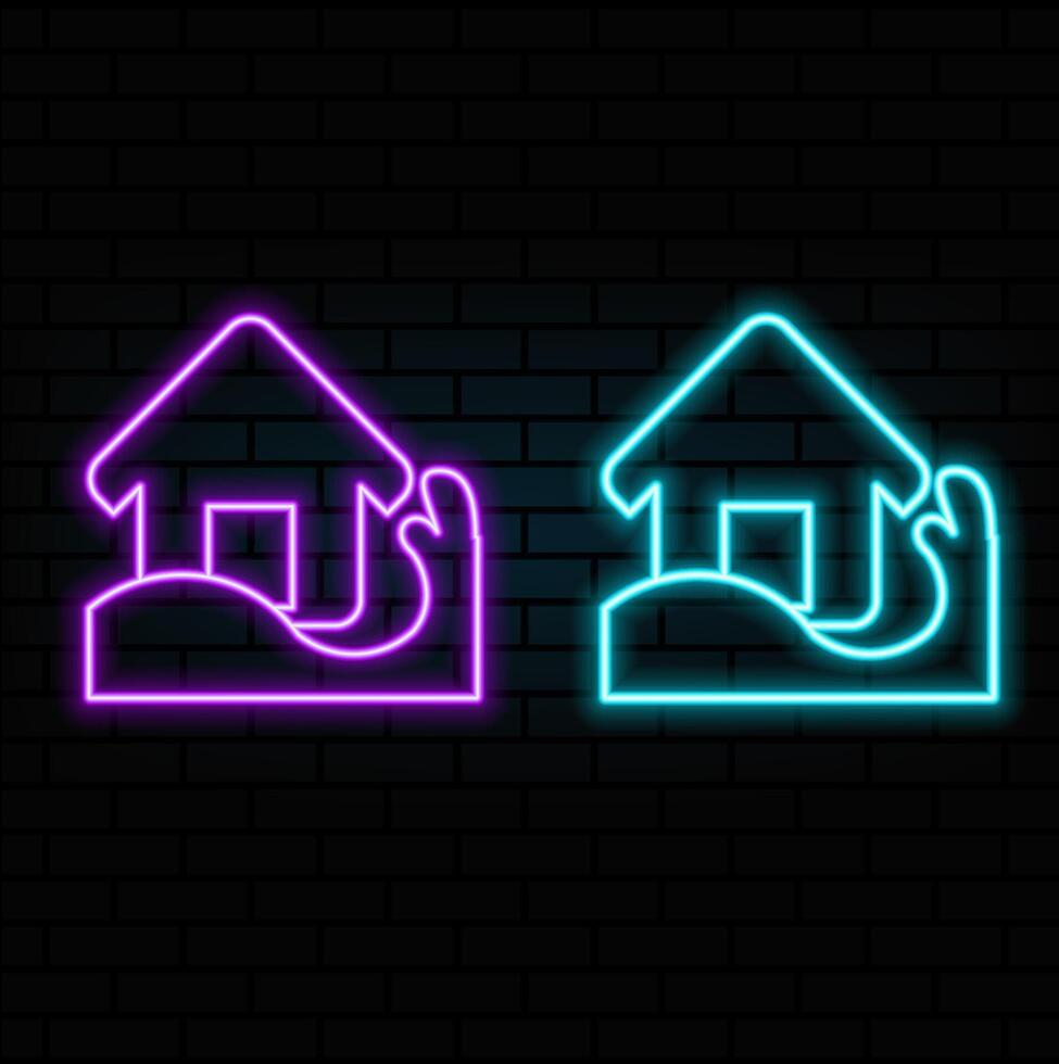 Flooded Home Icon Suite. Water Disaster House Design. Flood Crisis Symbol. neon style. vector