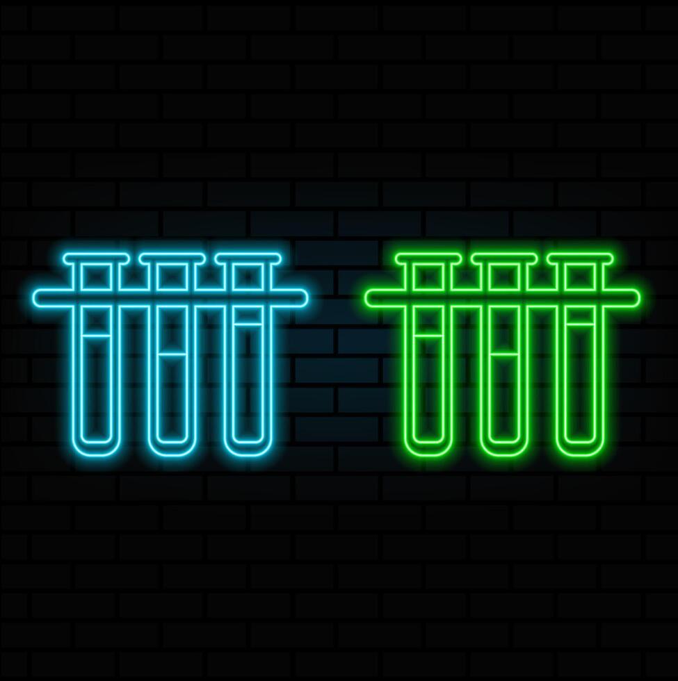 Glowing neon line Test tube and flask laboratory chemical test icon isolated on brick wall background. Laboratory glass sign. . green color. vector