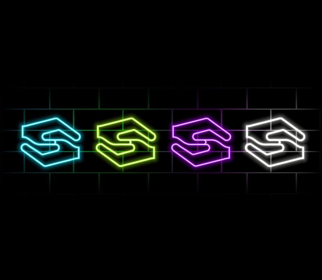 business handshake neon sign, modern glowing banner design, colorful modern design trend. illustration. vector