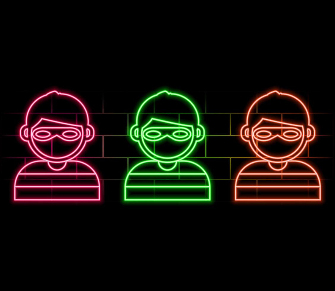 Glowing neon line Thief mask icon isolated on brick wall background. Bandit mask, criminal man. vector