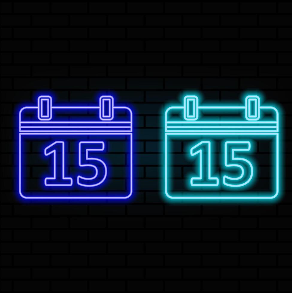 luminous neon 15 data calendar. brick background. blue color. vector