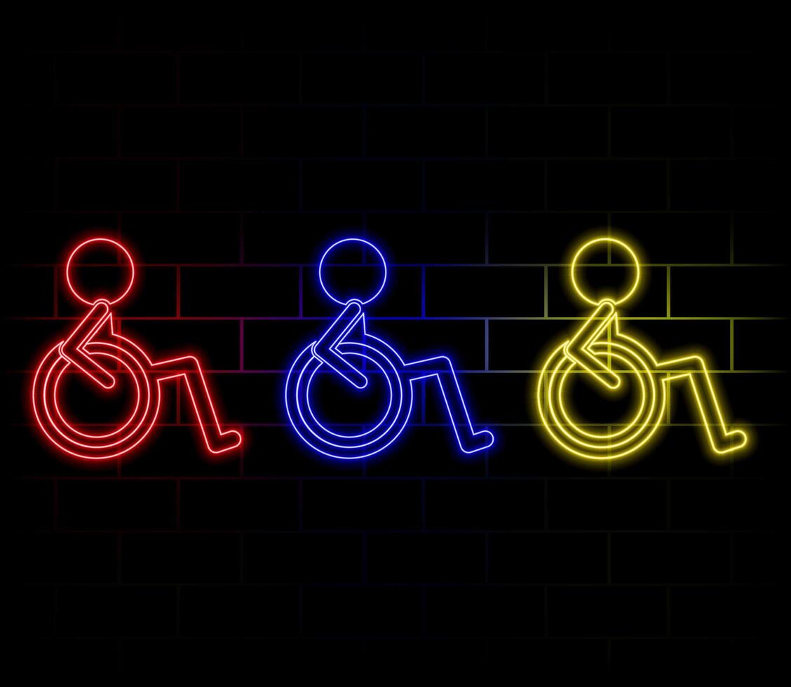 Neon light glow effect. Disability person line icon. Wheelchair user sign. Hotel service symbol. 3d line neon glow icon. Brick wall banner. Disability outline. vector