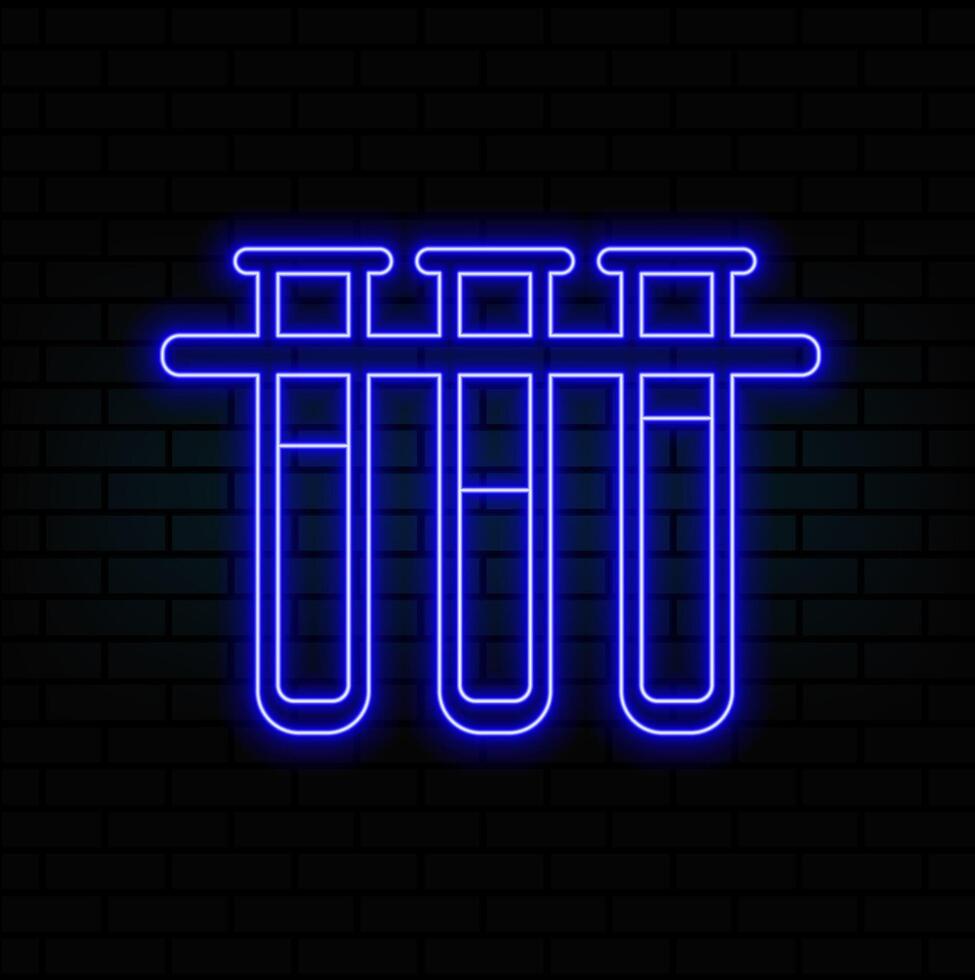 Glowing neon line Test tube and flask laboratory chemical test icon isolated on brick wall background. Laboratory glass sign. vector