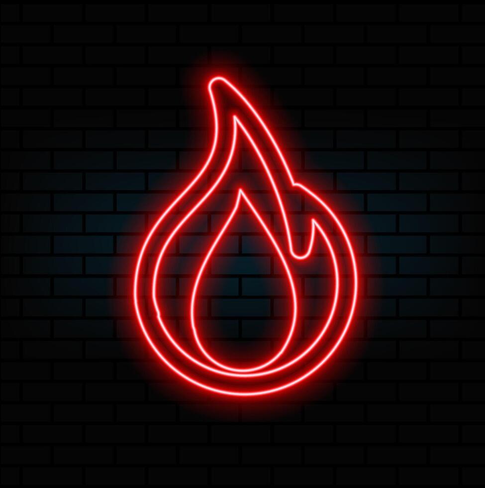 Glowing neon Fire flame icon isolated on brick wall background. vector