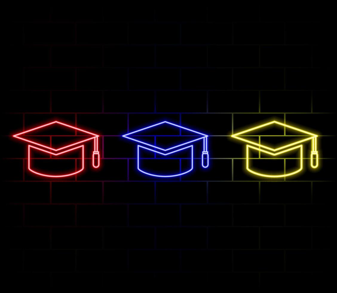 Neon academic hat icon. Glowing neon education sign, outline mortarboard pictogram in vivid colors. Online education and learning, academy and university, master degree, MBA. icon set, sign vector