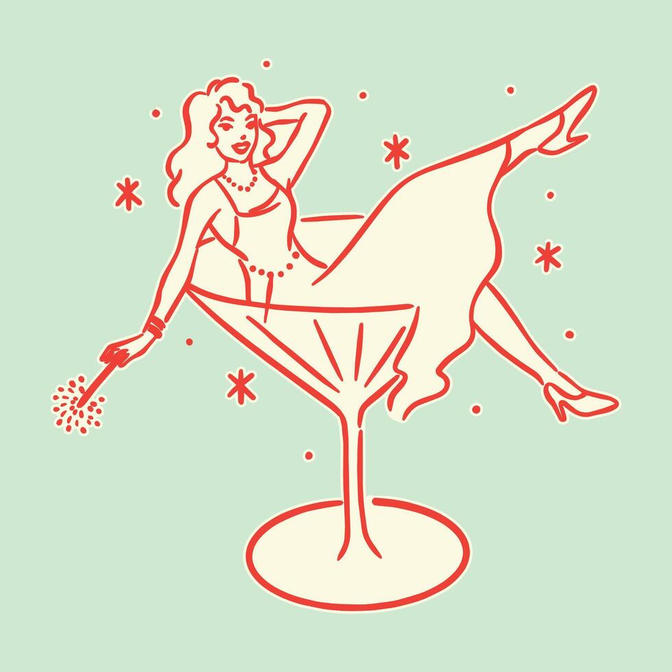 A retro girl lounging in a cocktail glass surrounded by sparkling effects, perfect for celebratory themes. vector
