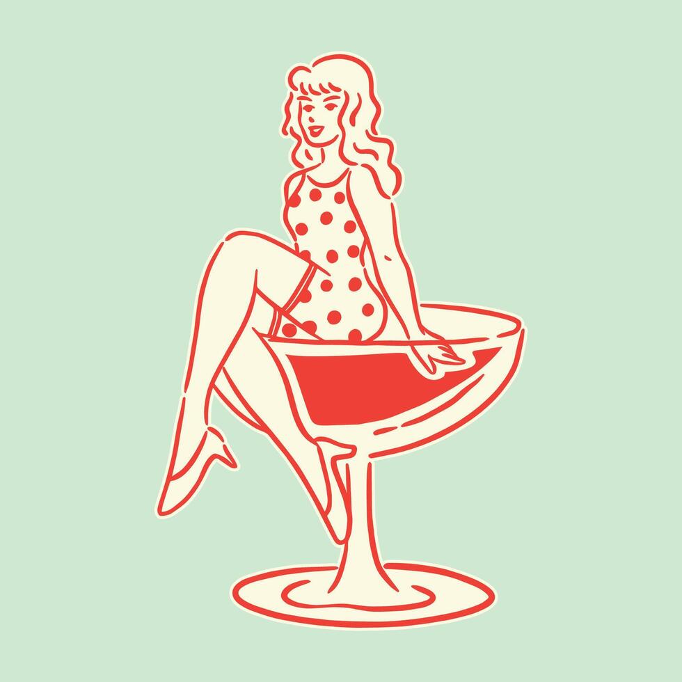 A vintage-inspired girl in a polka dot dress perched on a cocktail glass, adding a whimsical charm to designs. vector