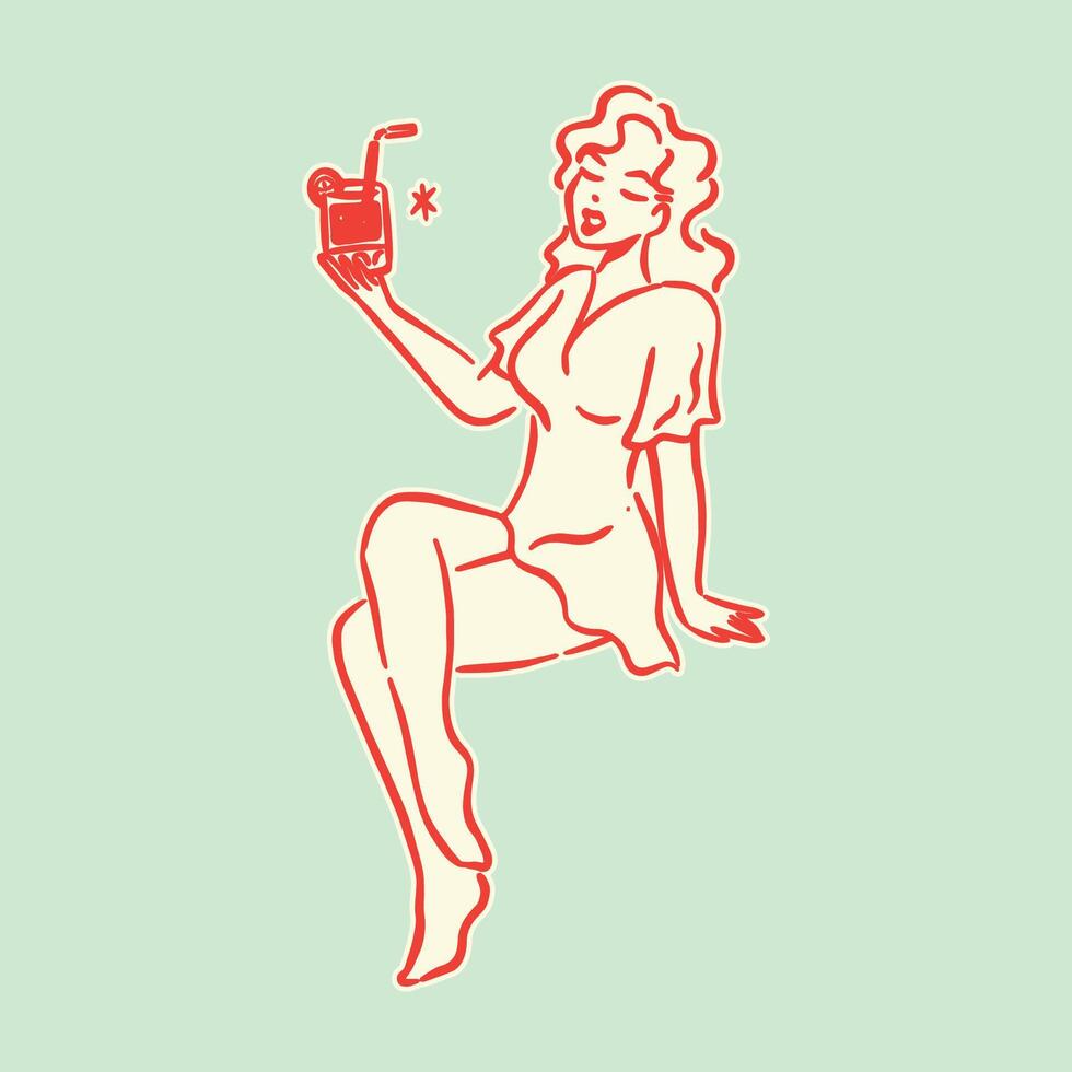 A retro-inspired girl holding a tropical drink, showcasing vintage summer vibes in a festive style. vector
