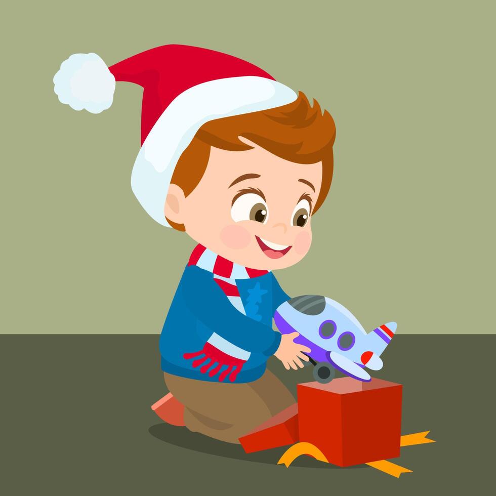 Happy cute little kid boy open christmas gift vector