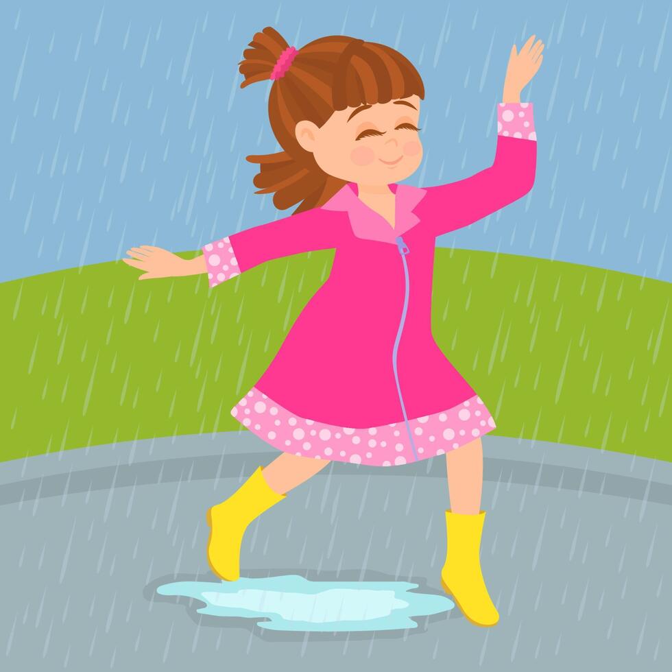 Happy girl playing under the rain vector