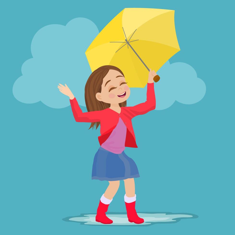 Little girl with umbrella in autumn rainy day vector