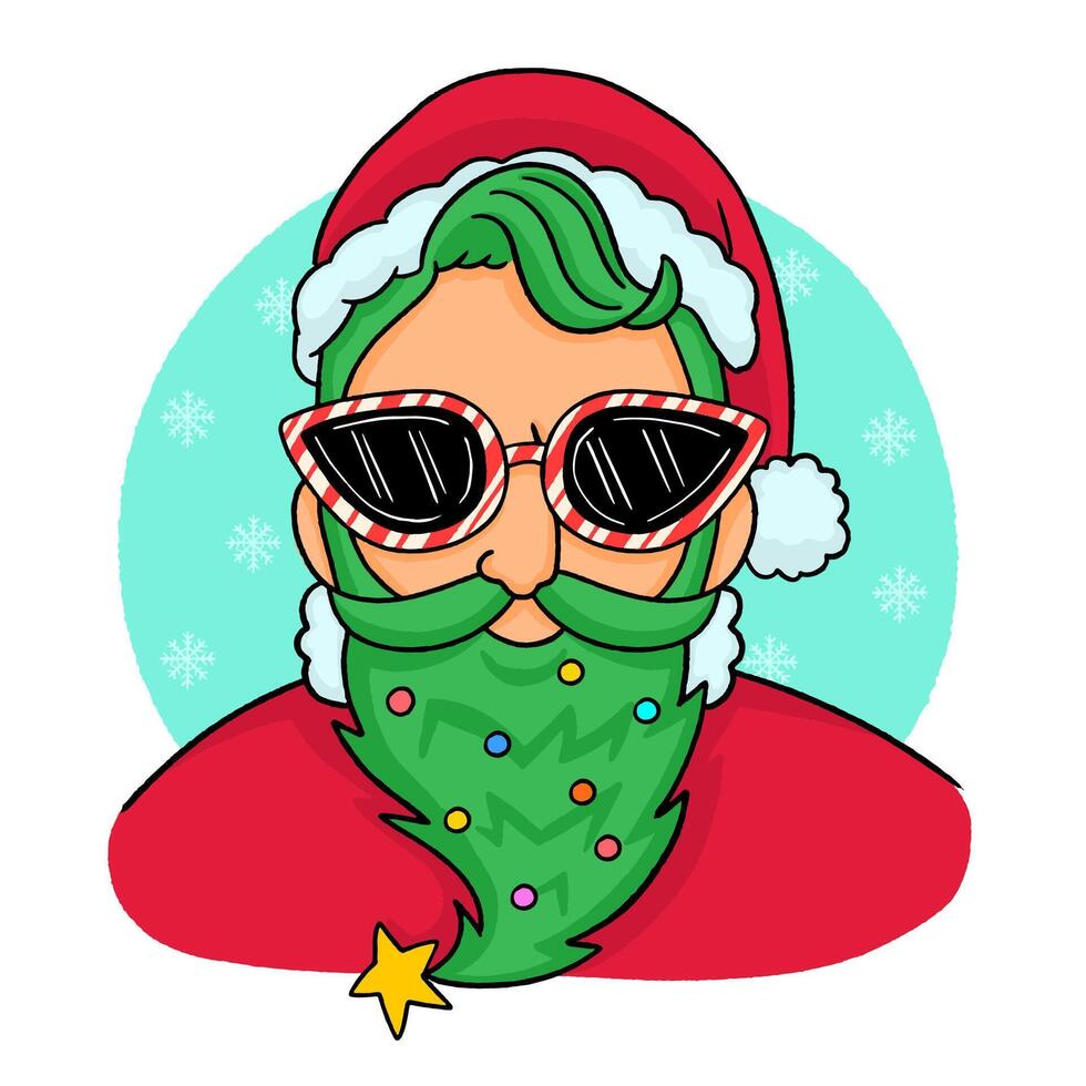 Modern Santa Wearing Sunglasses, Trendy Santa Claus with green beard. vector