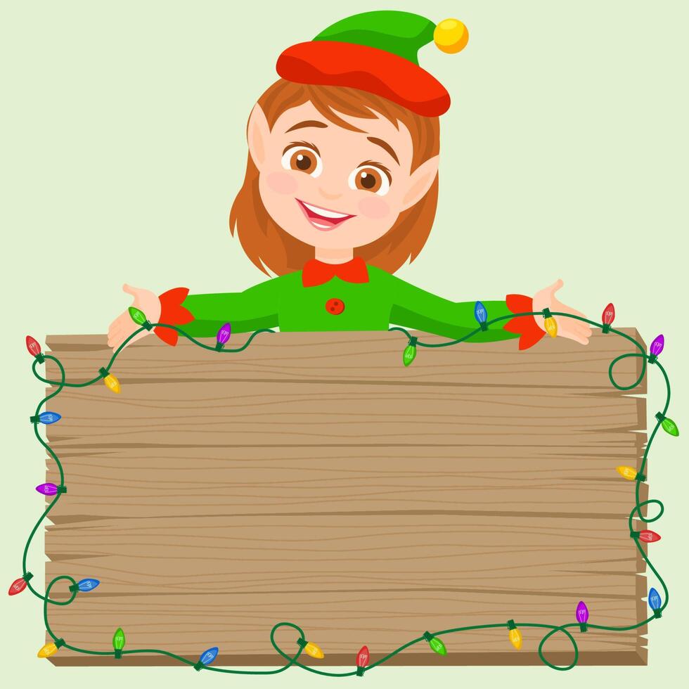 Christmas elf character with wooden sign vector