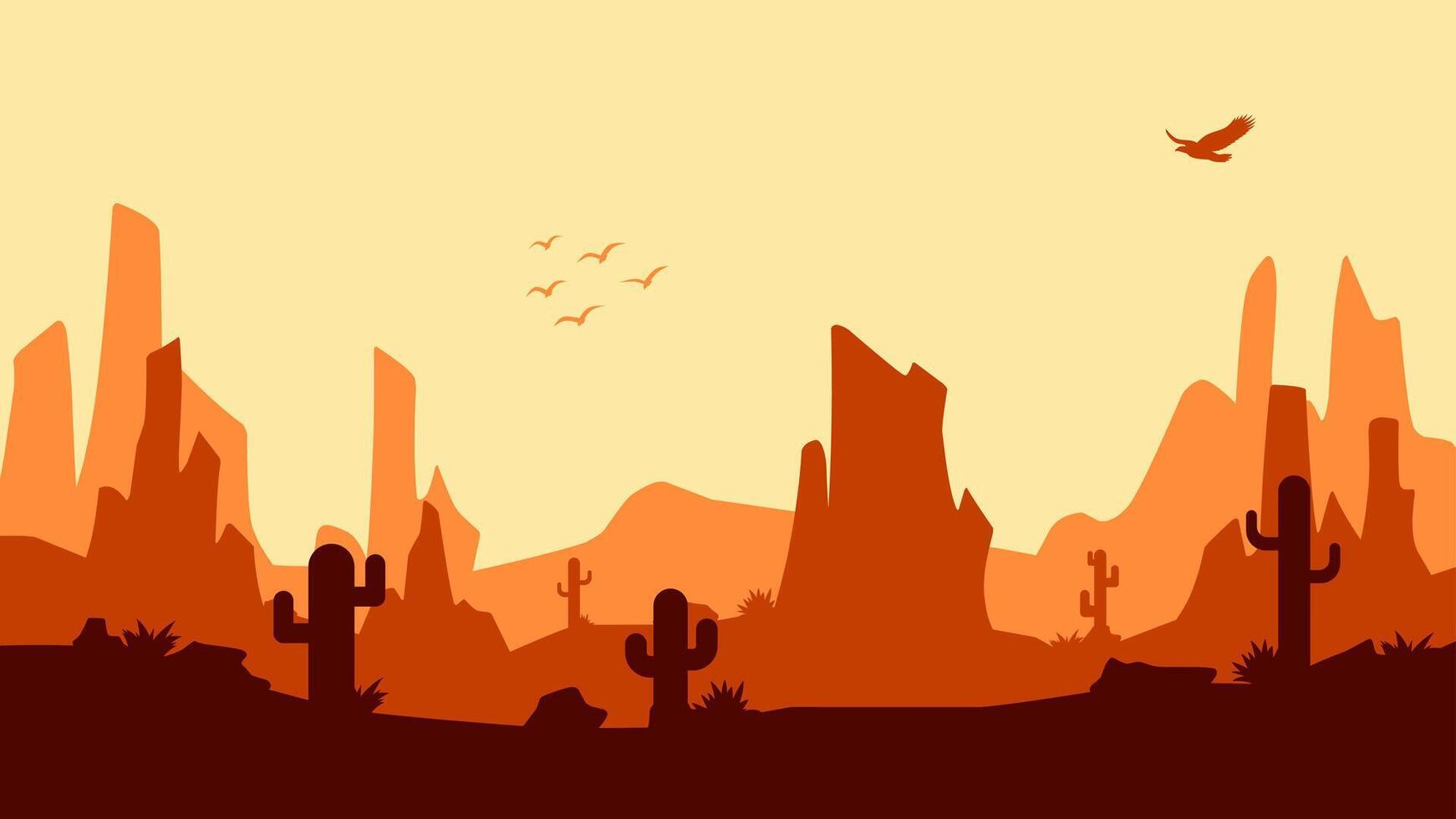 Landscape illustration of wild west desert with cacti and butte vector