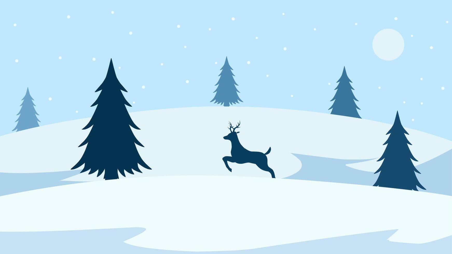 Landscape illustration of winter hill with pine trees and a deer vector