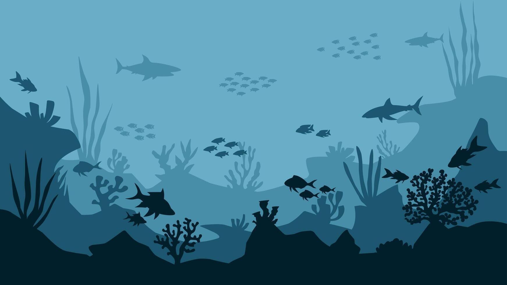 Landscape illustration of seabed with coral reefs and fishes vector