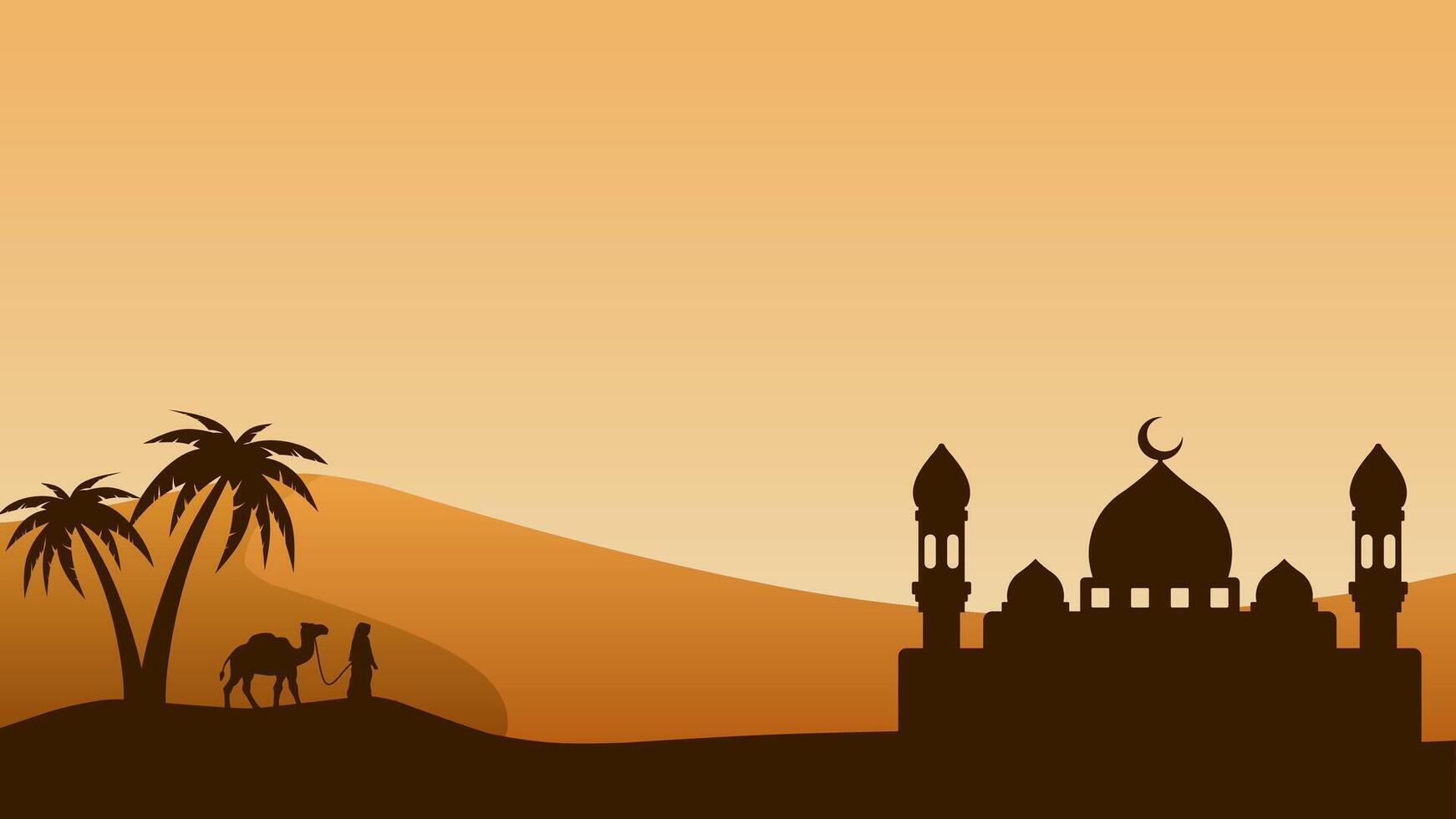 Landscape illustration of mosque silhouette and muslim traveler with camel vector