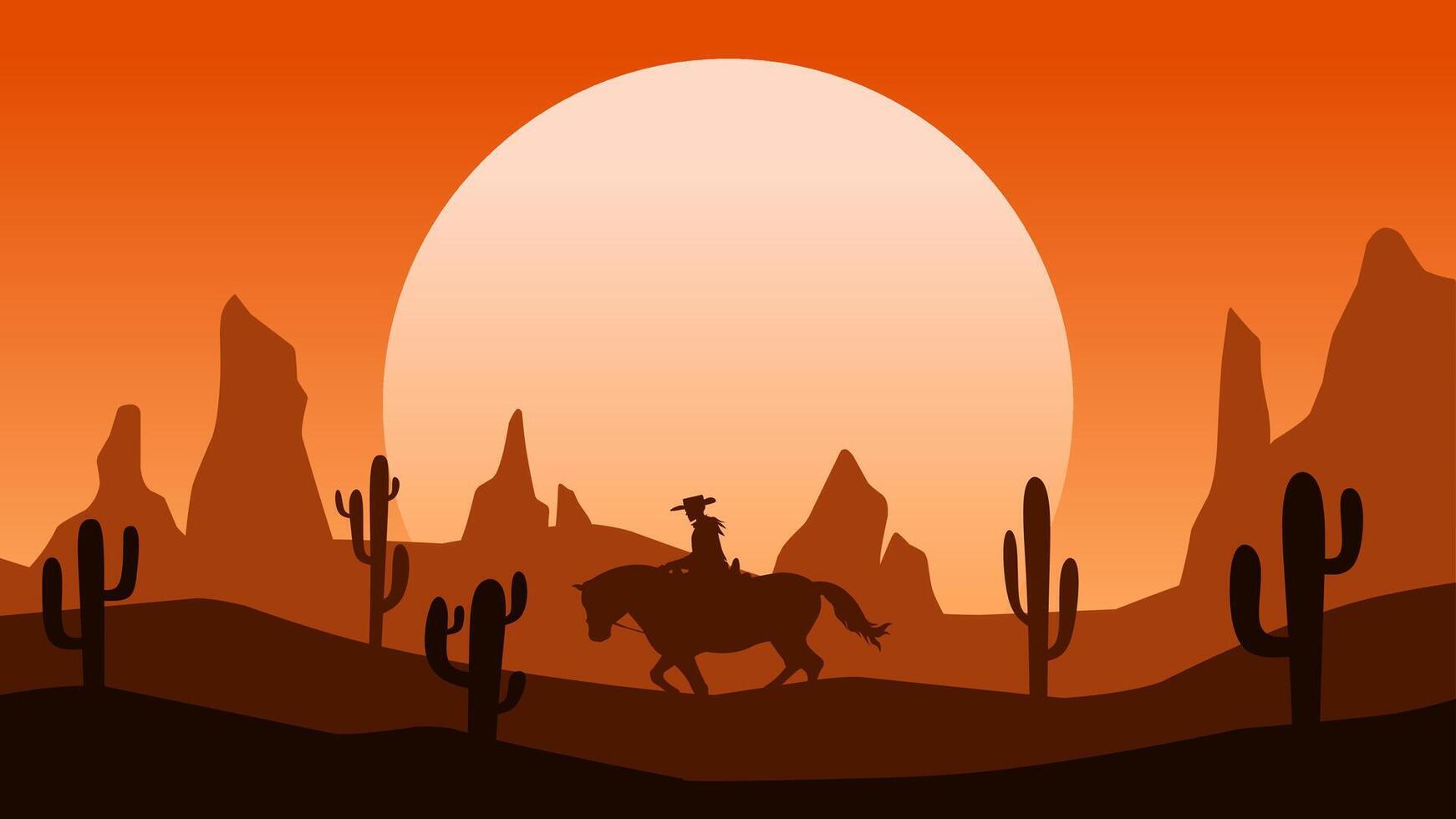 Landscape illustration of a cowboy riding a horse in the desert vector
