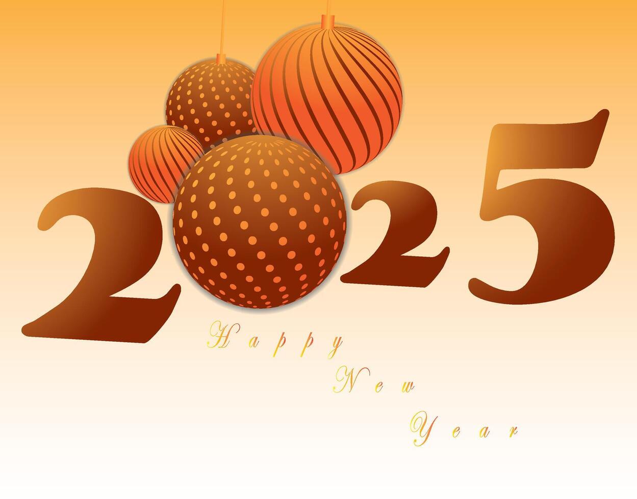 A vibrant New Year 2025 featuring orange and gold gradient tones, bold typography for the year 2025, and hanging festive balls with polka dot and striped patterns. vector