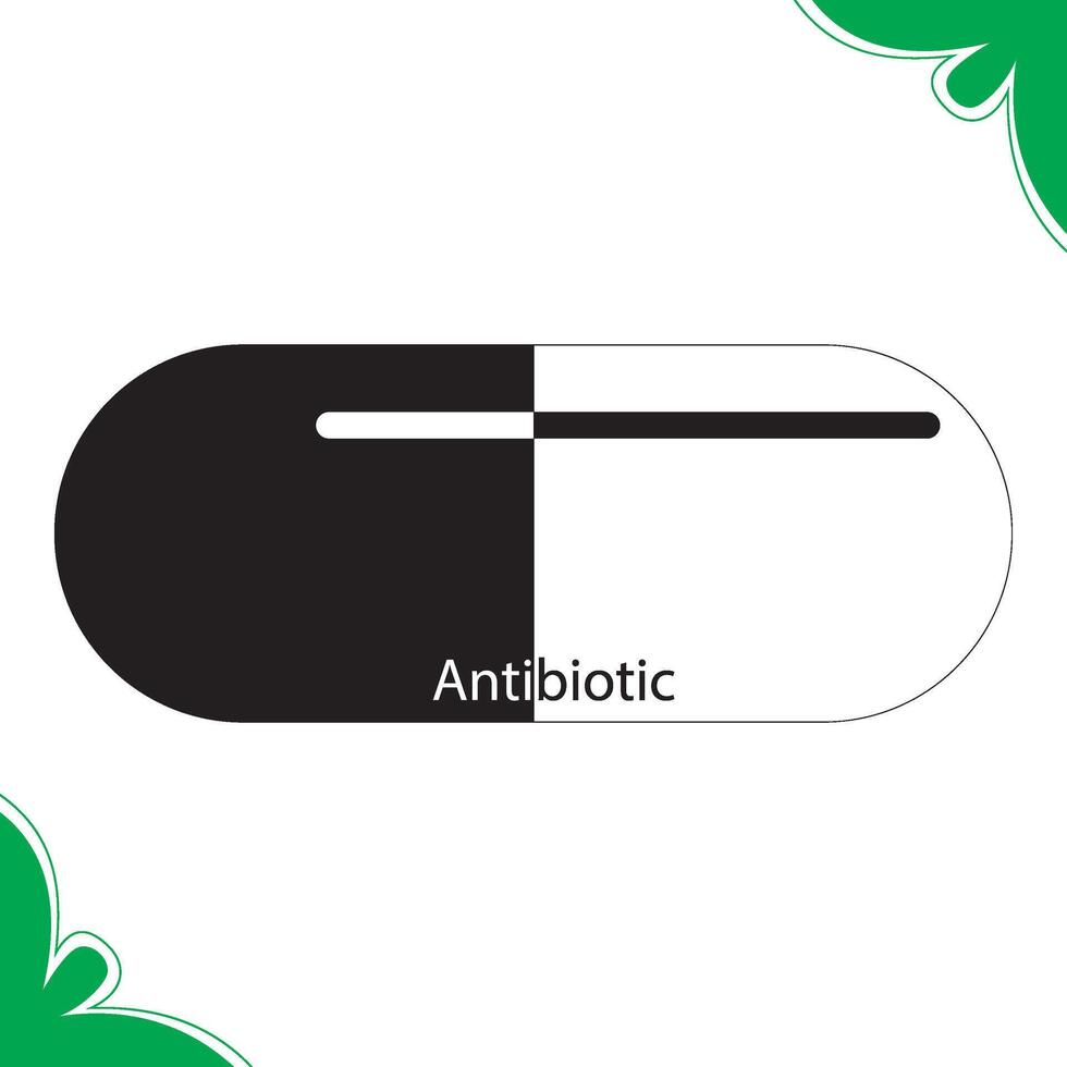 Image of a black and white capsule pill labeled Antibiotic, with a green clover-like design in the corners. vector
