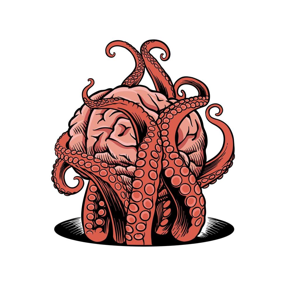 colored illustration of tentacles gripping the brain tightly vector