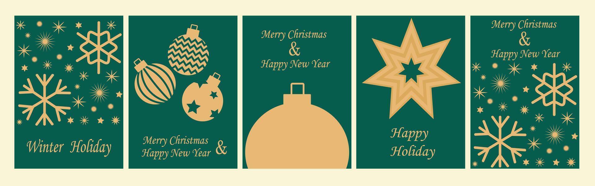 Christmas and Happy New Year card templates.Icons in abstract modern flat style.Winter poster set.Christmas tree, Christmas sock, berries, wreath and present vector