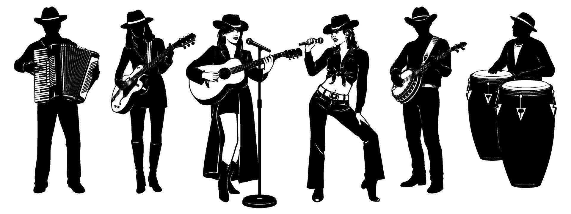 Country Band Silhouettes Set. Two singer women, one with acoustic guitar. Banjo man, electric guitar player, accordionist, percussionist. Microphone with stand is the separate object.. vector