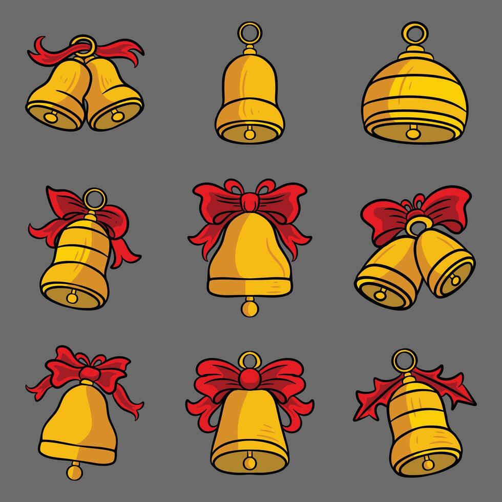 Christmas bells icon sett with red ribbon vector