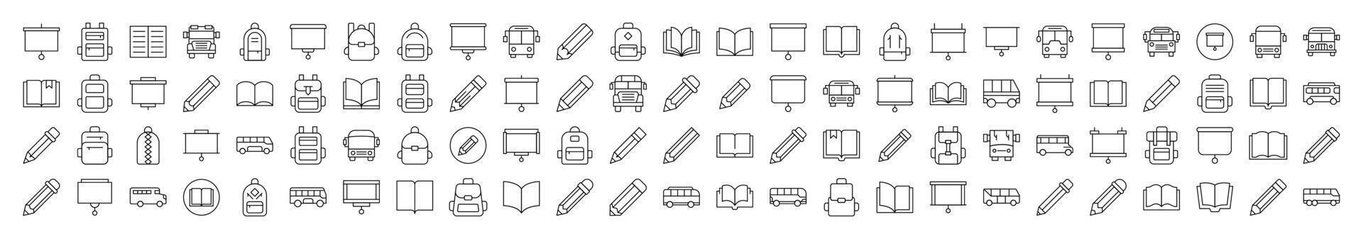 Pen, Presentation Board, Bus, School Bag, Book Line Icon Pack. Editable Stroke. Minimalistic Linear Pictogram for Design of Cards, Apps, Banners, Posts vector