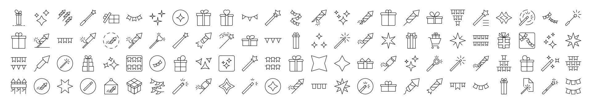 Collection of Icons of Holidays, Garlands, Magic Wand, Firework Drawn with Thin Line for apps, web sites, banners, infographics and other types of design vector