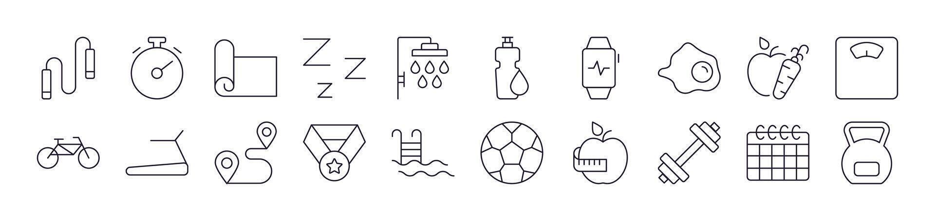 Collection of Outline Symbols of Healthy Lifestyle, Fitness, Wellness Drawn with Thin Line for apps, web sites, banners, infographics and other types of design vector
