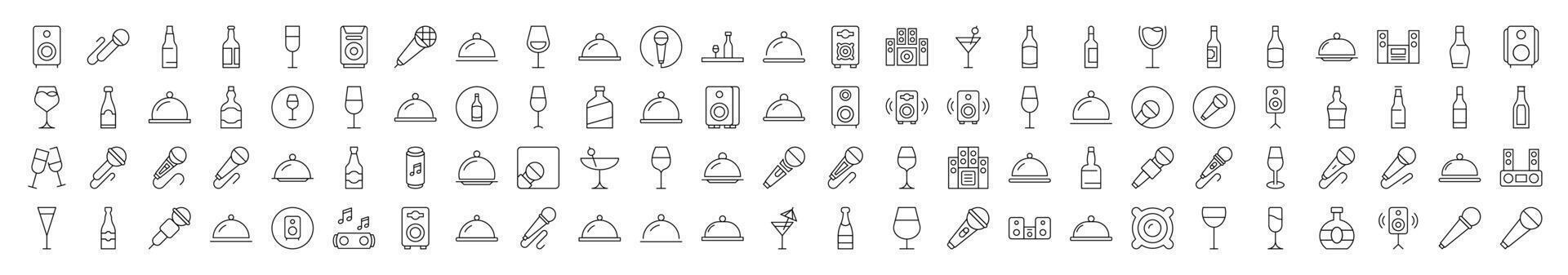 Cocktail, Bowl with Cloche, Bottle, Loud Speaker Pictures Drawn with Thin Line. Collection of Various Design Elements that Can Be Used for Apps, Articles, Web Sites, Social Media vector