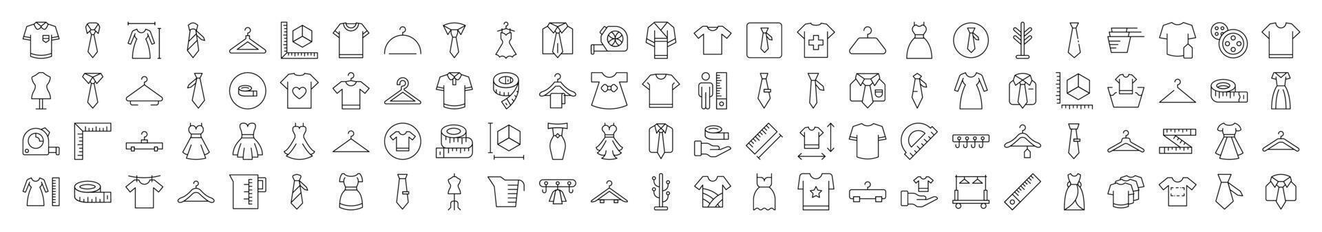 Collection of Sewing and Garment Related Line Icons. Editable Stroke for Design, Web Sites, Apps, Cards. Contains Linear Images of T Shirt, Dress, Tie, Measuring Tape, Rack vector