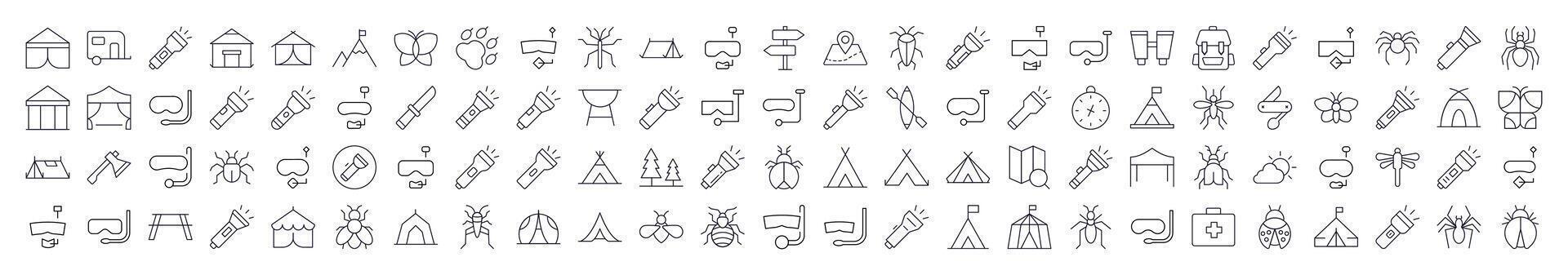 Pack of Camping Related Line Icons. Editable Stroke for Design, Web Sites, Apps, Cards. Contains Linear Images of Flashlight, Diving Mask, Tent, Axe, Insect vector