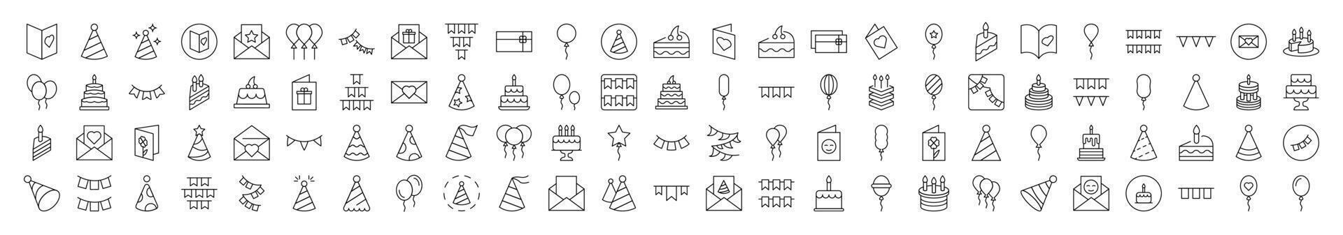 Cake, Holiday Hat, Postcard, Garland, Balloon Bundle of Thin Icons. Editable Stroke. Suitable for Web Sites, Books, Cards, Apps vector