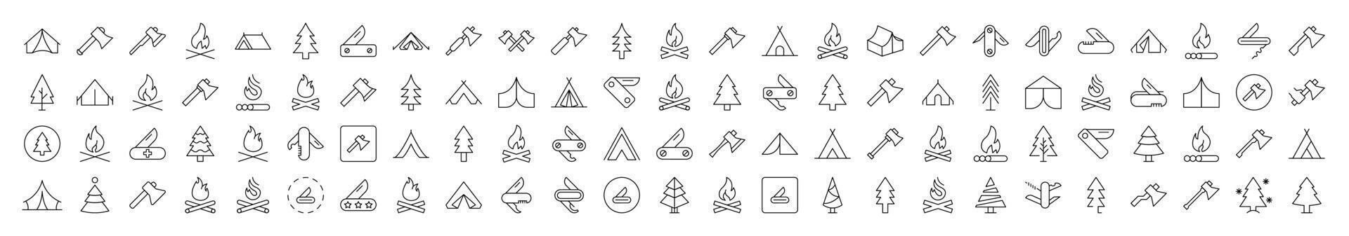 Bonfire, Axe, Tent, Tree, Knife Outline Sign Collection. Editable Stroke. Perfect for Infographics, Articles, Books, Flyers, Banners vector
