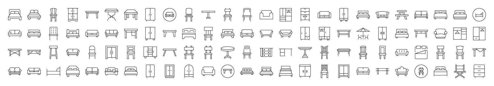 Collection of Icons of Wardrobe, Bed, Sofa, Table, Chair Drawn with Thin Line for apps, web sites, banners, infographics and other types of design vector