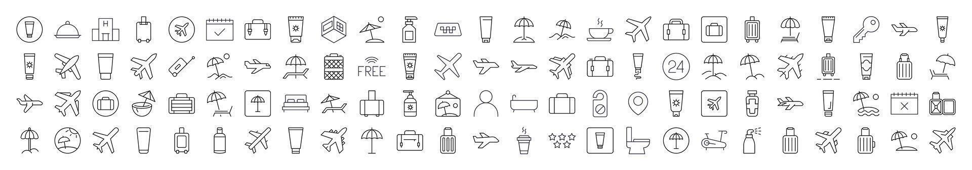 Travel Related Outline Symbol Set. Contains Icons of Sunscreen, Umbrella, Baggage, Fitness, Plane for Banners, Infographics, Books, Articles and Other Types of Design vector